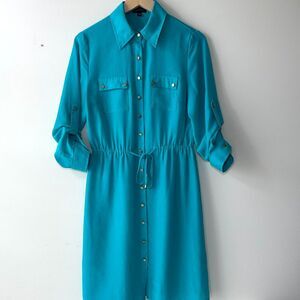 Spense Button Down Dress Women’s Size 4 Turquoise Tie Waist Lightweight